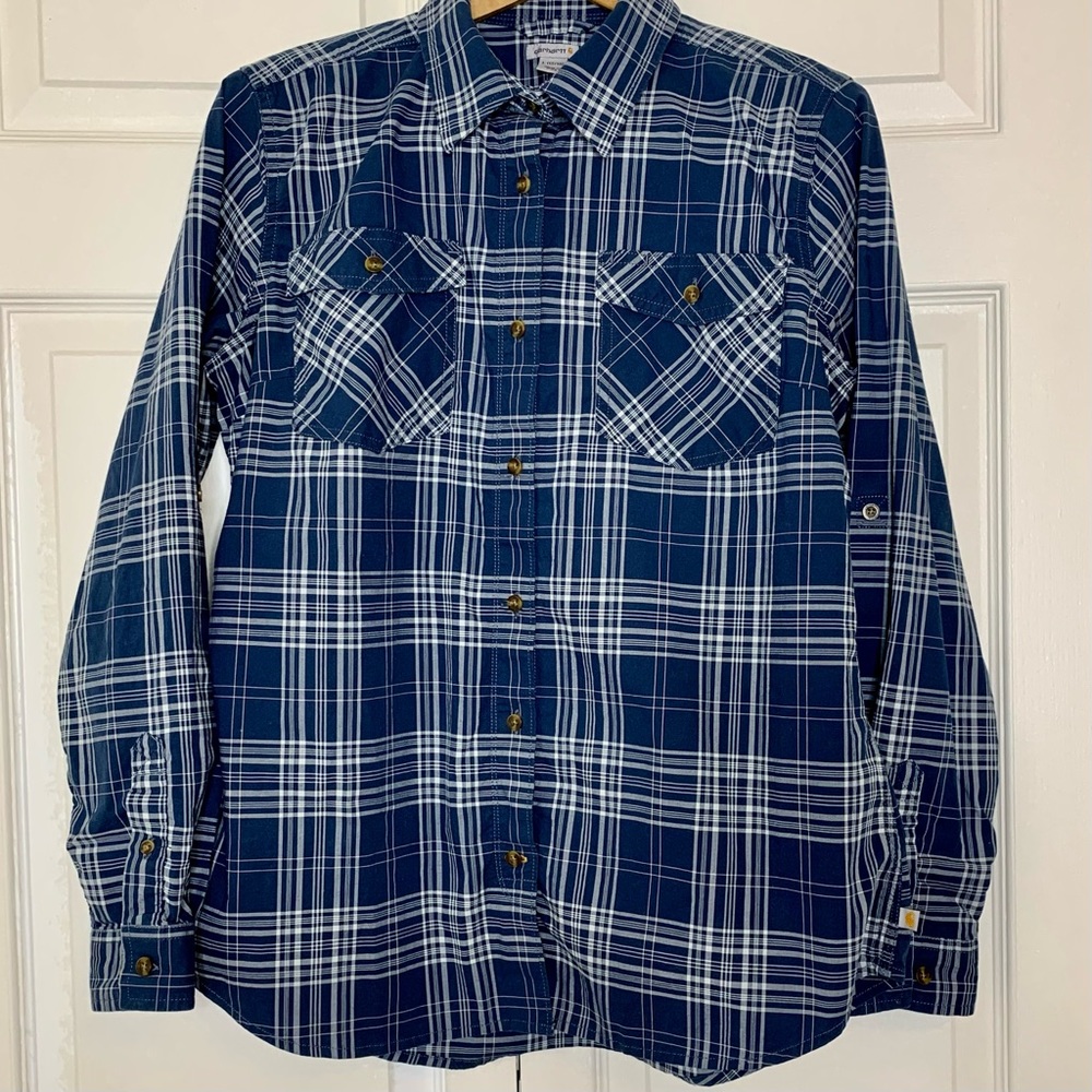 Carhartt Women’s Rugged Flex Tab Sleeve Button Down Sz L 12/14 Blue White Plaid